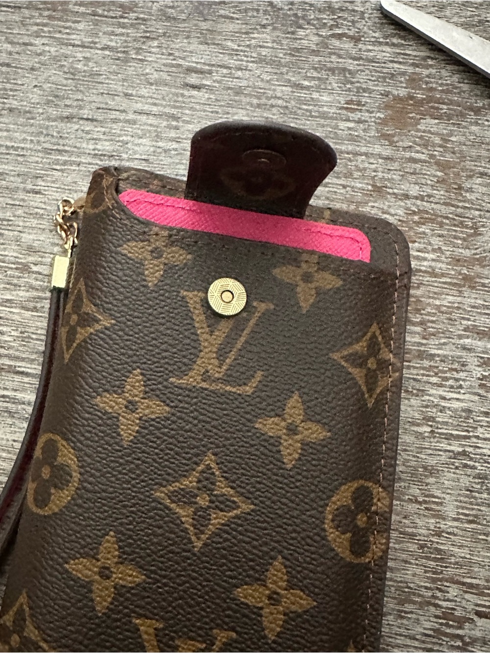 Monogram Wristlet Clutch/Phone Case in Brown with Pink Trim - Picture 5 of 16